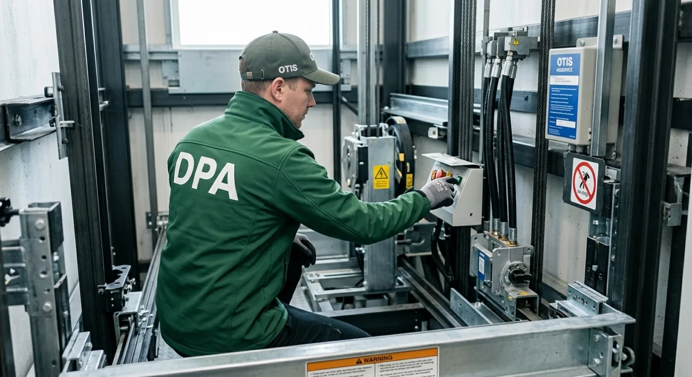 Entretien d'ascenseur à Paris — DPA Technicien DPA réalisant l'entretien depuis le toit de cabine d'un ascenseur à Paris