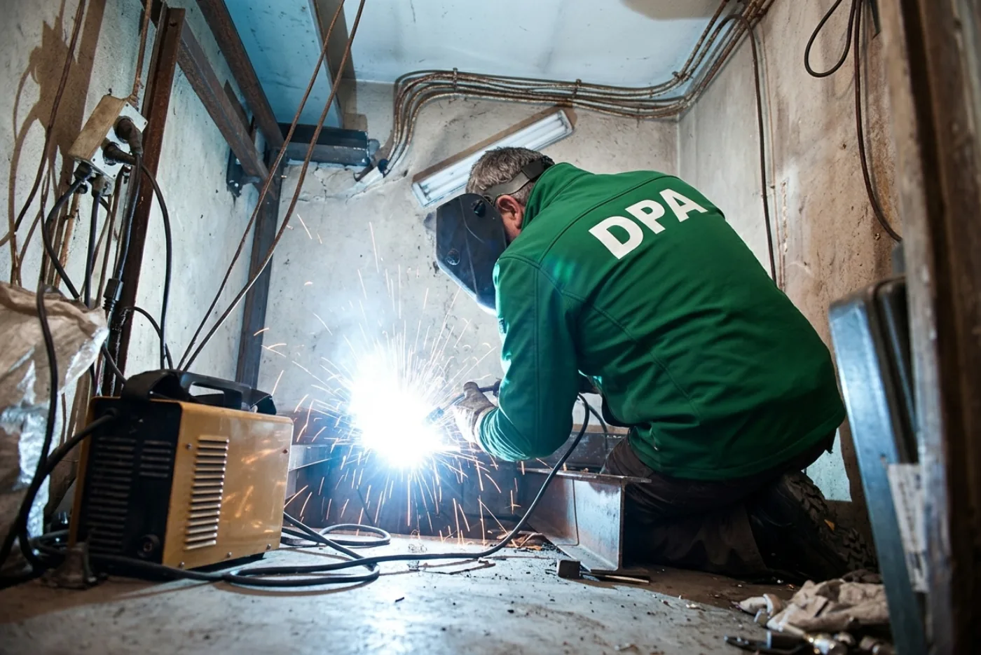 Préparation en atelier d'une pièce de rechange d'ascenseur à Paris